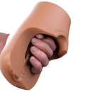 PDX Plus Pussy Pounder Squeeze Stroker Brown being squeezed by a hand, showcasing its lifelike material.