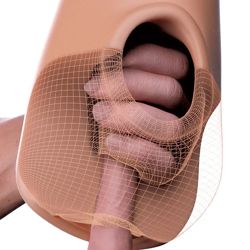 Detail view of PDX Plus Pussy Pounder Squeeze Stroker Brown demonstrating its lifelike texture and realistic design.