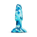 b-Vibe Rimming 2 Vibrating & Rotating Plug Camo in blue camouflage design showcasing its innovative shape.