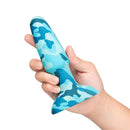 Hand holding the b-Vibe Rimming 2 Vibrating & Rotating Plug Camo in vibrant blue camouflage design.
