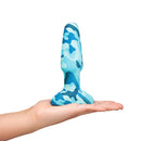 b-Vibe Rimming 2 Vibrating & Rotating Plug Camo being held in a hand showcasing its design and features.