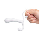 Hand holding the b-Vibe P-Spot Slim White, designed for comfortable internal stimulation.
