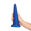 b-Vibe Anal Stretcher Training Cone in blue held in hand, designed for gradual anal training and safe expansion.