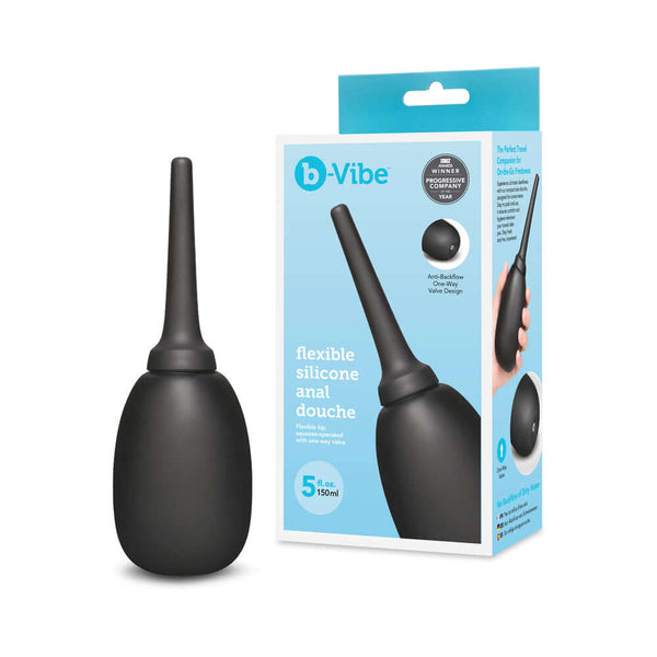 b-Vibe Flexible Silicone Anal Douche Black packaging with device and product design details.