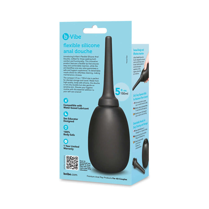 b-Vibe Flexible Silicone Anal Douche Black packaging with details and features for safe cleansing.