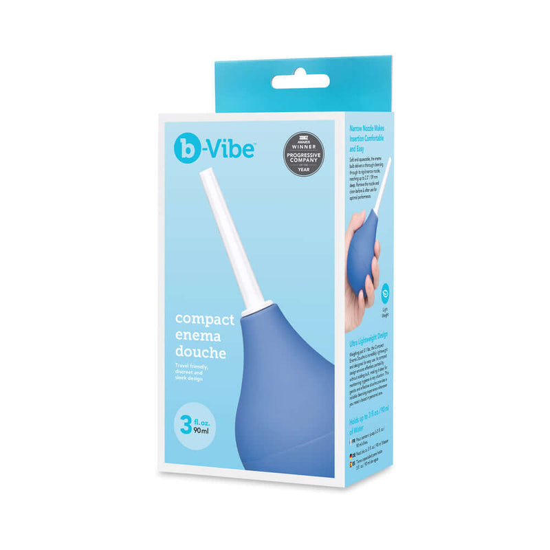b-Vibe Compact Enema Douche Blue packaging with detailed product information and design.