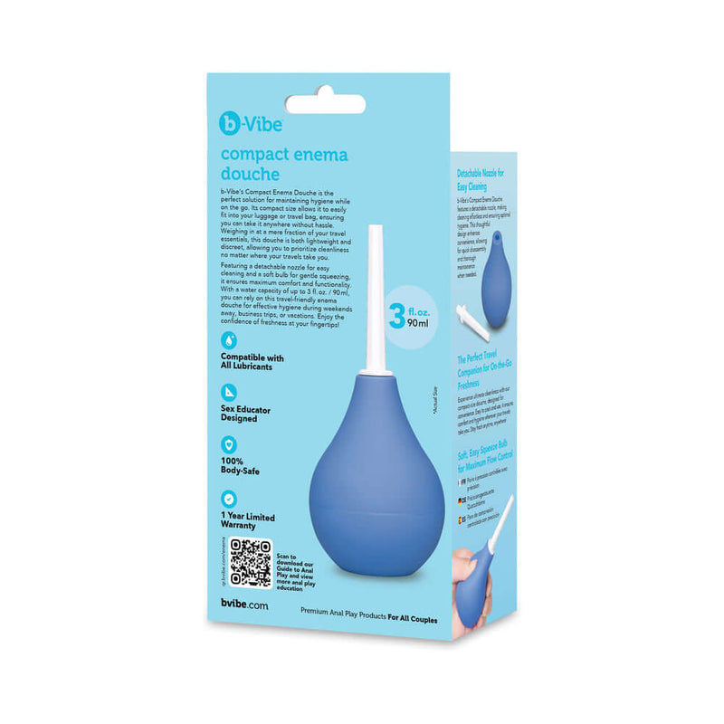 b-Vibe Compact Enema Douche Blue packaging featuring sleek design and user-friendly features.