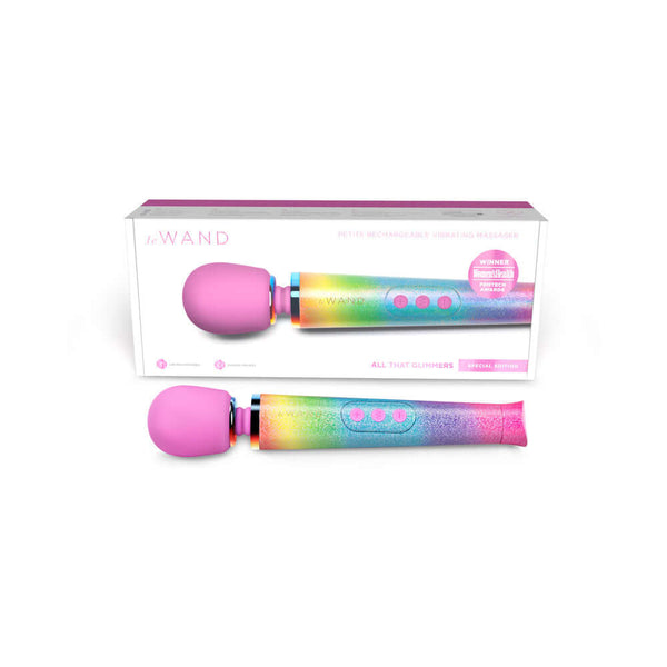 Le Wand Petite All That Glimmers Ombre Massager in vibrant ombre packaging, showcasing elegance and luxury.