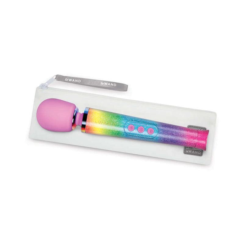 Le Wand Petite All That Glimmers Ombre Massager in rainbow packaging with pink head