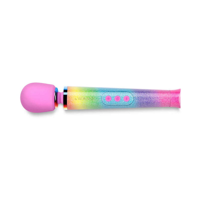 Le Wand Petite All That Glimmers Ombre Massager in vibrant ombre colors with pink head and control buttons.