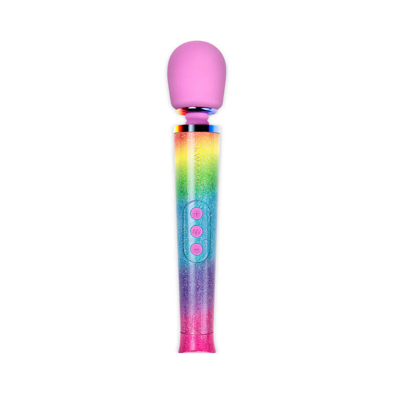 Le Wand Petite All That Glimmers Ombre Massager in vibrant ombre design with buttons for customizable settings.