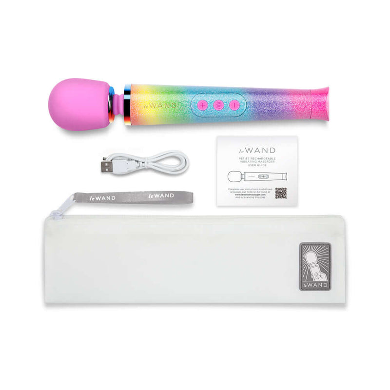 Le Wand Petite All That Glimmers Ombre Massager with USB, instruction card, and pouch.