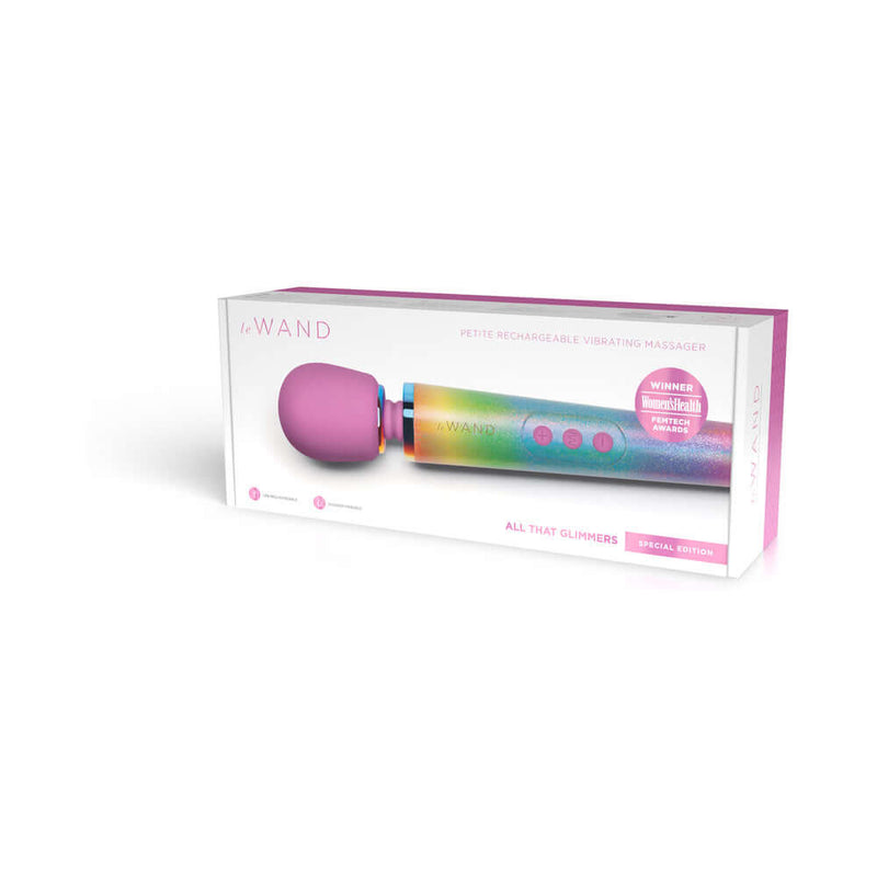 Le Wand Petite All That Glimmers Ombre Massager in colorful packaging with a sleek design.