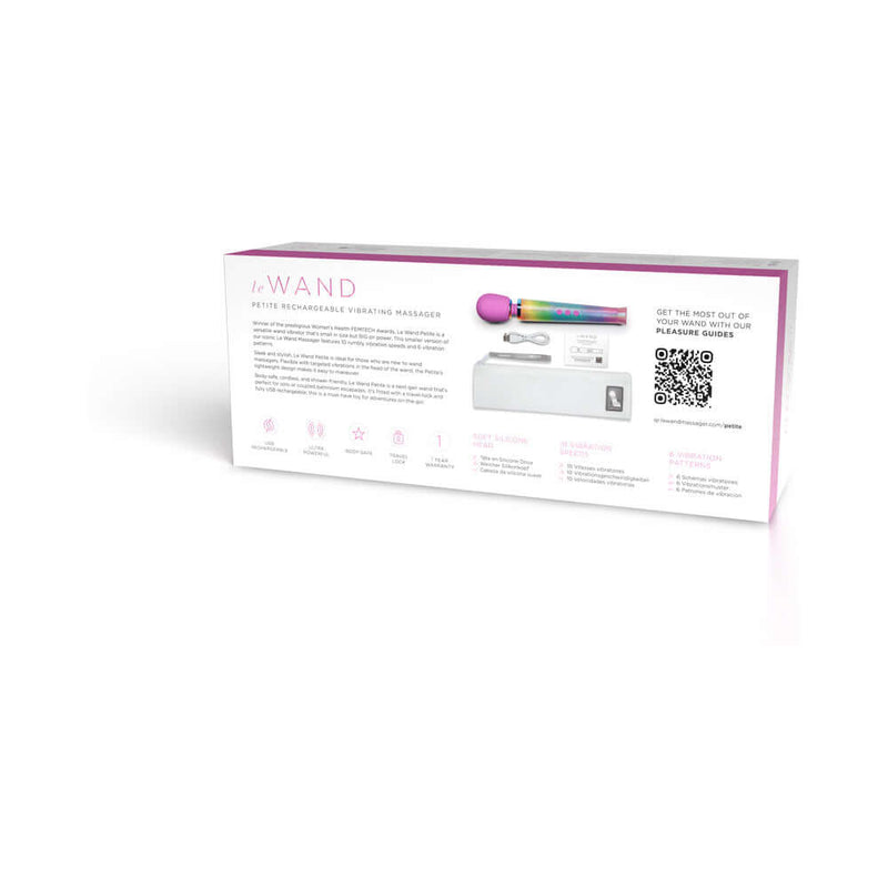 Le Wand Petite All That Glimmers Ombre Massager packaging showcasing features and included accessories.