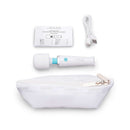 Le Wand Classique Mini Wand Massager displayed with instruction manual, charging cable, and a storage pouch.