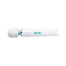 Le Wand Classique Petite Wand Massager in white with blue buttons, designed for portable and powerful massage relief.