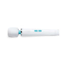 Le Wand Classique Petite Wand Massager in a sleek white design with a blue accent and user-friendly controls.