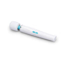 Le Wand Classique Rechargeable Wand Massager in white with blue accents, designed for deep vibration and ergonomic use.