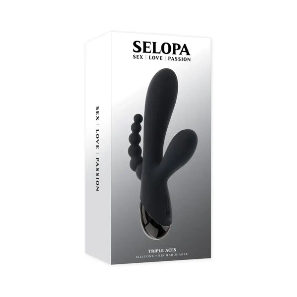 Selopa Triple Aces Rechargeable Triple Rabbit Vibrator Black packaging with silicone design and multiple stimulation features.