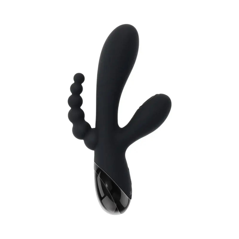 Selopa Triple Aces Rechargeable Triple Rabbit Vibrator Black featuring three shafts and anal beads for enhanced pleasure.