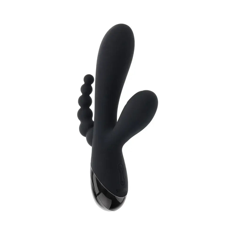Selopa Triple Aces Rechargeable Triple Rabbit Vibrator Black with triple shafts and anal beads for ultimate pleasure.