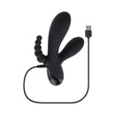 Selopa Triple Aces Rechargeable Triple Rabbit Vibrator Black with USB charging cable and flexible anal beads.