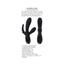 Selopa Triple Aces Rechargeable Triple Rabbit Vibrator Black with features and dimensions listed.