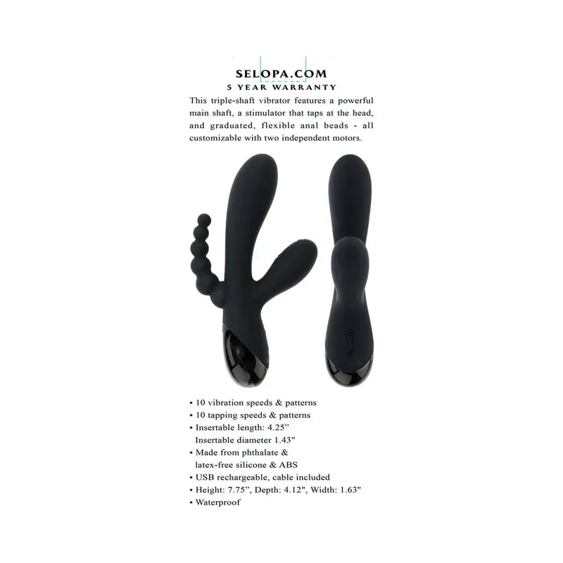 Selopa Triple Aces Rechargeable Triple Rabbit Vibrator Black with features and dimensions listed.