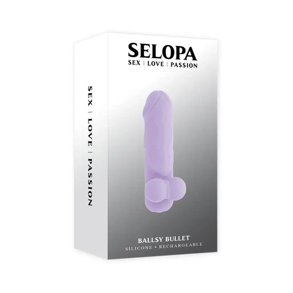 Selopa Ballsy Bullet Rechargeable with Sleeve Purple packaging featuring bold design and silicone vibrator.