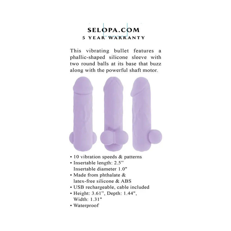 Selopa Ballsy Bullet Rechargeable with Sleeve Purple showcases a phallic-shaped silicone sleeve with stimulating design.