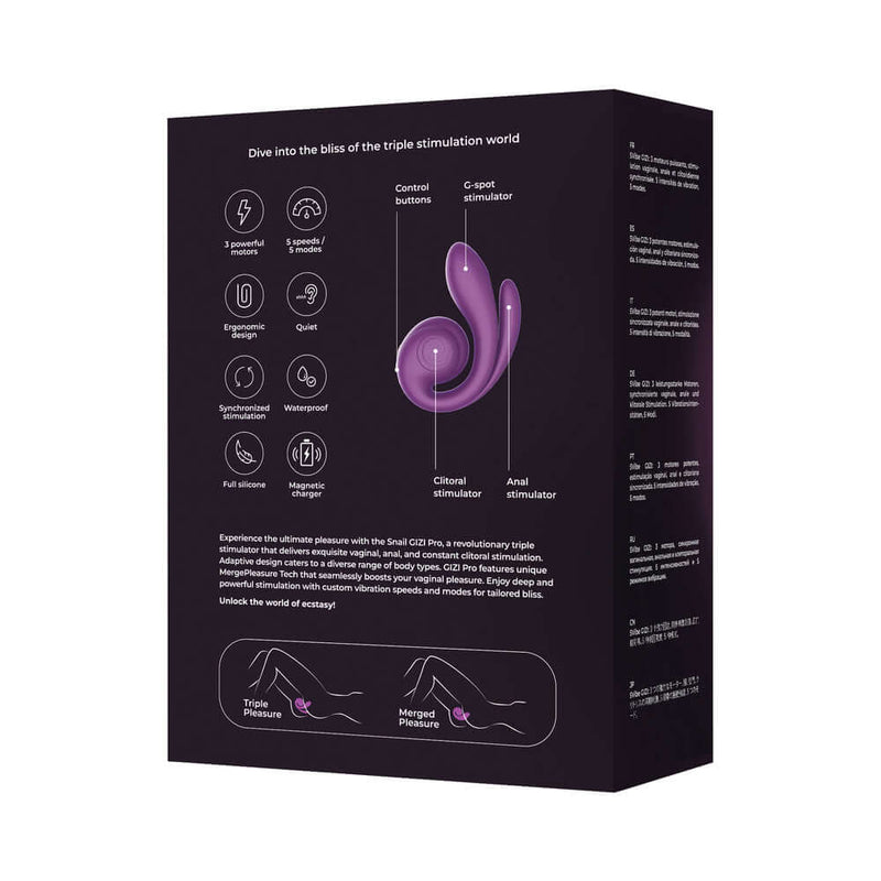 SVibe Snail Gizi Pro Vibrator Grapo packaging with features and illustrations of triple stimulation.