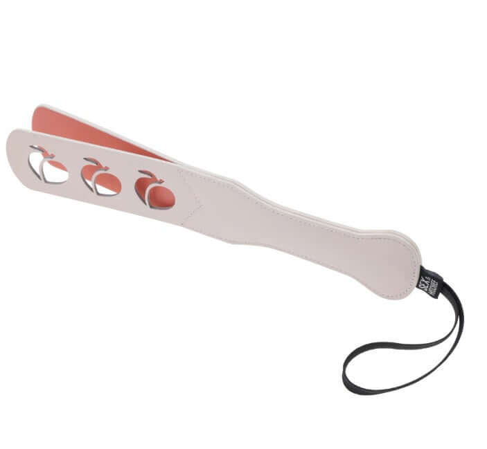 Peaches 'n CreaMe Peach Paddle by Sex&Mischief with peach cutouts and split tips crafted from faux leather for playful spanking fun