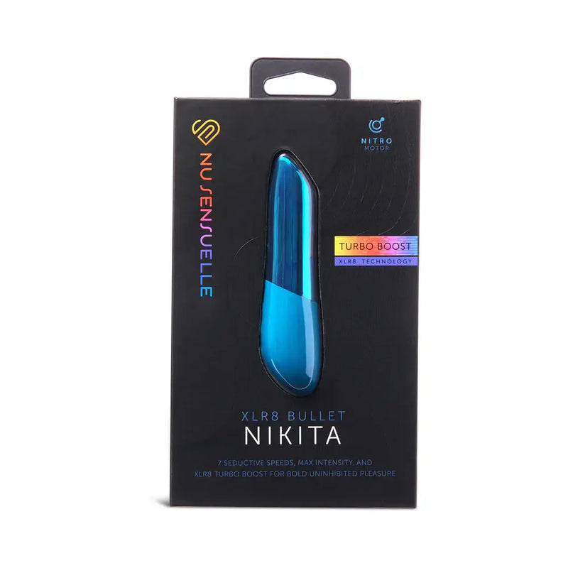 Nu Sensuelle Nikita XLR8 Bullet with Turbo Boost Motor Blue packaging showcasing sleek design and advanced features.