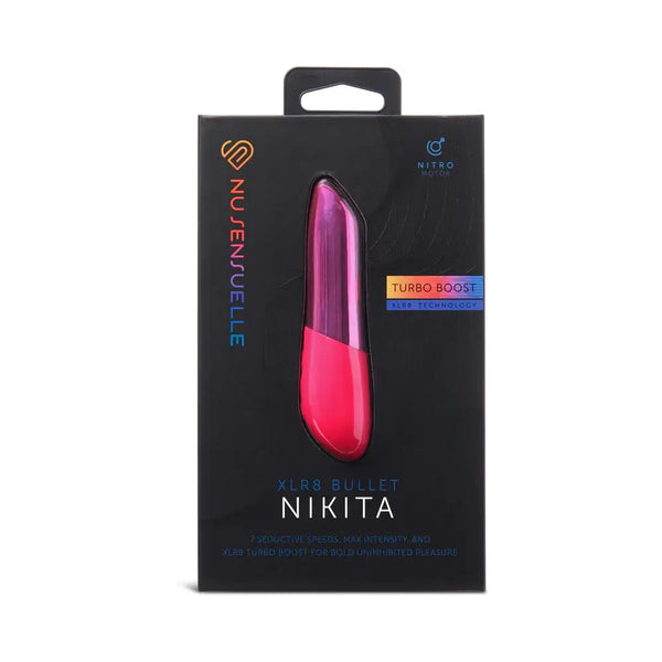 Nu Sensuelle Nikita XLR8 Bullet with Turbo Boost Motor Pink packaging showing sleek design and advanced Nitro motor features.