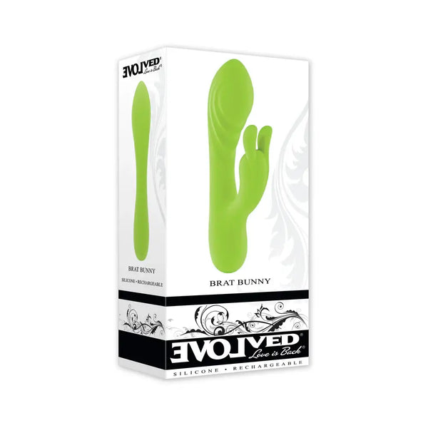 Brat Bunny Rechargeable Silicone Rabbit Vibrator Green in bold packaging with clear design elements.
