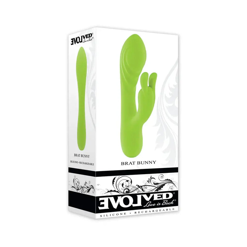 Brat Bunny Rechargeable Silicone Rabbit Vibrator Green in bold packaging with clear design elements.