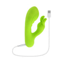Brat Bunny Rechargeable Silicone Rabbit Vibrator Green with charging cable, designed for powerful dual stimulation.