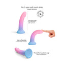 Love To Love Dildolls Utopia Large Silicone Dildo with pink and blue gradient, extra flexible, and powerful suction cup.