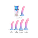 Love To Love Dildolls Utopia Large Silicone Dildo displayed with Utopia Family packaging and size comparison.