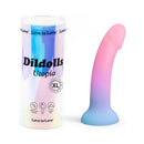 Love To Love Dildolls Utopia Xlarge Silicone Dildo in vibrant gradient colors with packaging.