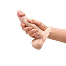 b-Vibe Slipskin Realistic Silicone Dildo 6 inch Girthy Cream held in hand, showcasing its lifelike texture and shape.