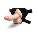b-Vibe Slipskin Realistic Silicone Dildo 6 inch Girthy Cream displayed on a harness for versatile pleasure.