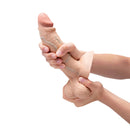 b-Vibe Slipskin Realistic Silicone Dildo 7 inch Girthy Cream held in hands, showcasing lifelike design and texture.