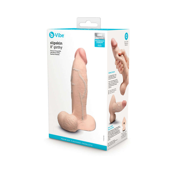 b-Vibe Slipskin Realistic Silicone Dildo 8 inch Girthy Cream packaging and product details on display.