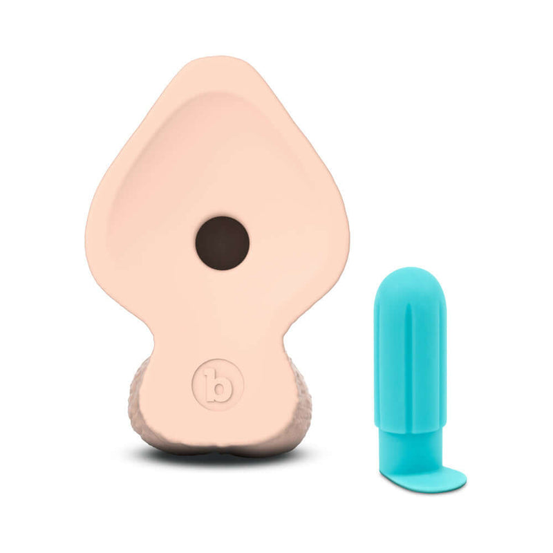 b-Vibe Slipskin Realistic Silicone Dildo 8 inch Girthy Cream with blue accessory, lifelike texture and design.