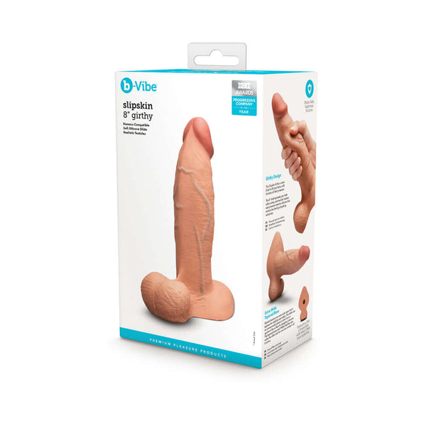 b-Vibe Slipskin Realistic Silicone Dildo 8 inch Girthy Mocha in packaging, showcasing its lifelike design and size.