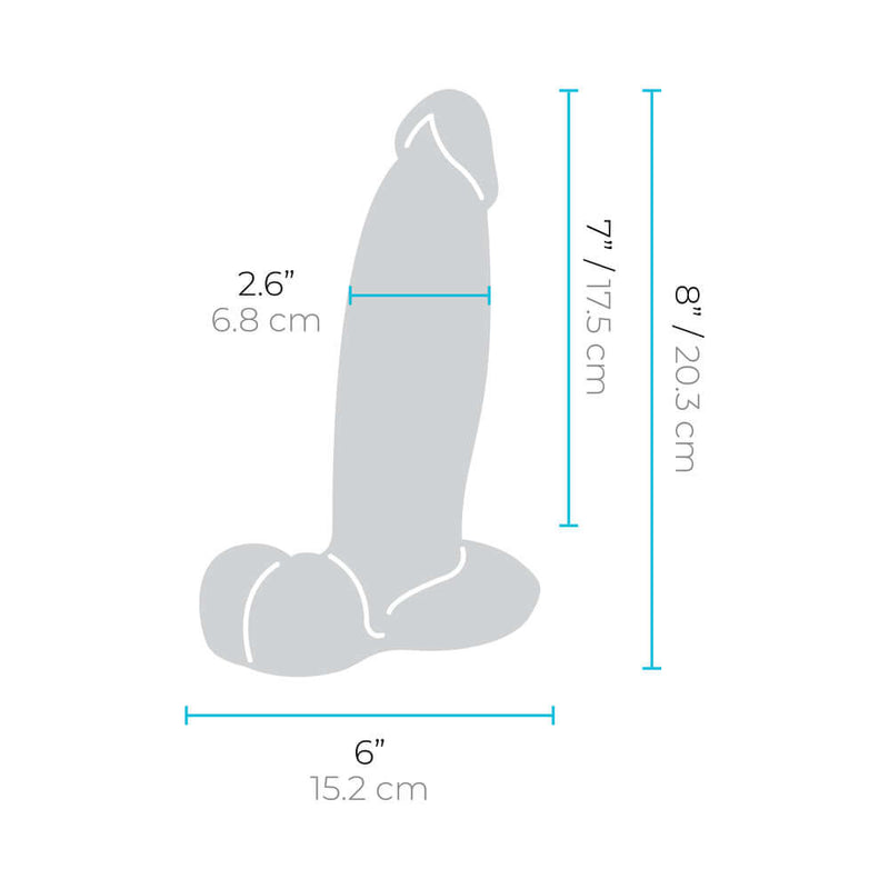 b-Vibe Slipskin Realistic Silicone Dildo 8 inch Girthy Mocha dimensions with height, width, and girth measurements.