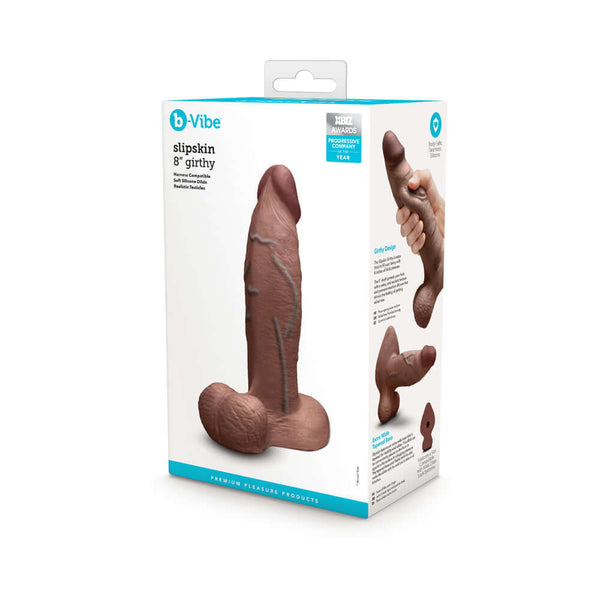 b-Vibe Slipskin Realistic Silicone Dildo 8 inch Girthy Brown packaging image with details and features.