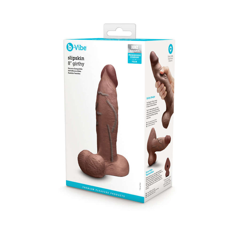 b-Vibe Slipskin Realistic Silicone Dildo 8 inch Girthy Brown packaging image with details and features.