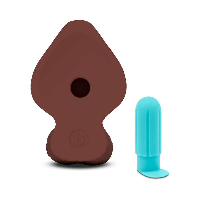 b-Vibe Slipskin Realistic Silicone Dildo 8 inch Girthy Brown next to a blue accessory.